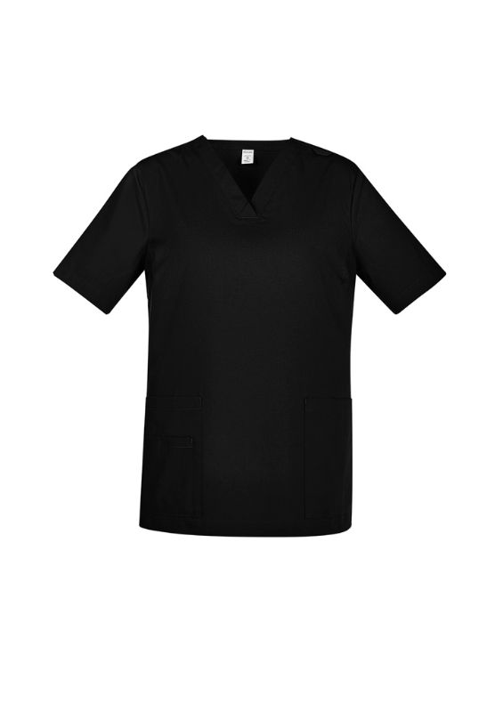 Women's black V-neck scrub top in XXS by Biz Collection, featuring antimicrobial fabric, pockets, and a tailored fit.