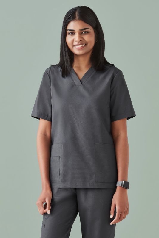 Women's Tokyo V-Neck Scrub Top in Charcoal, Size XXS, featuring antimicrobial fabric, multiple pockets, and flattering tailored fit.