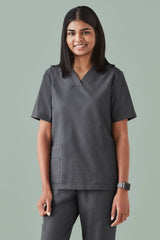 Women's Tokyo V-Neck Scrub Top in Charcoal, Size XXS, featuring antimicrobial fabric, multiple pockets, and flattering tailored fit.