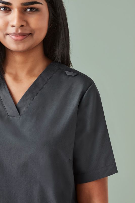 Women's charcoal V-neck scrub top in size XXS, featuring antimicrobial treatment, multiple pockets, and a tailored fit by Biz Collection.