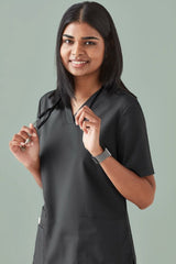 Women's Charcoal V-Neck Scrub Top, XXS, featuring antimicrobial fabric, pockets, and a tailored fit for comfort and style.