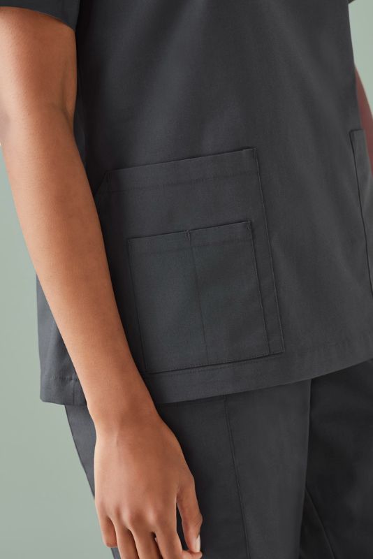 Women's Tokyo V-Neck Scrub Top in Charcoal, size XXS, featuring antimicrobial fabric, multiple pockets, and a tailored fit.