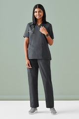 Women's charcoal V-neck scrub top in XXS, featuring antimicrobial fabric, pockets, and a tailored fit for comfort and style.