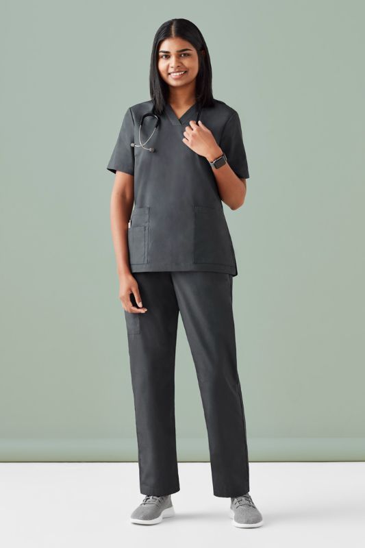 Womens Tokyo V-Neck Scrub Top in Charcoal, size 5XL, featuring antimicrobial fabric, pockets, and a tailored fit for healthcare professionals.