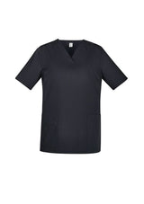 Charcoal Women's Tokyo V-Neck Scrub Top in XXS, featuring antimicrobial fabric, multiple pockets, and a tailored fit.