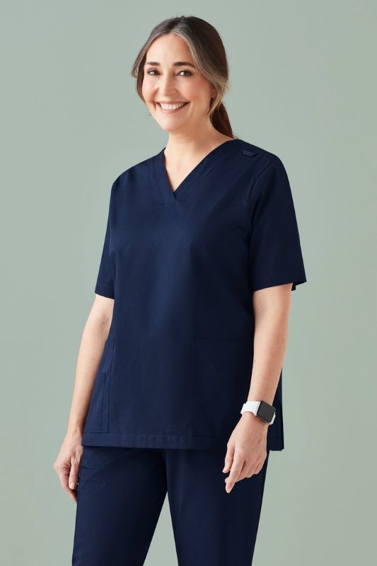 Navy women's V-neck scrub top in size XXS, featuring antimicrobial treatment and multiple pockets for healthcare professionals.