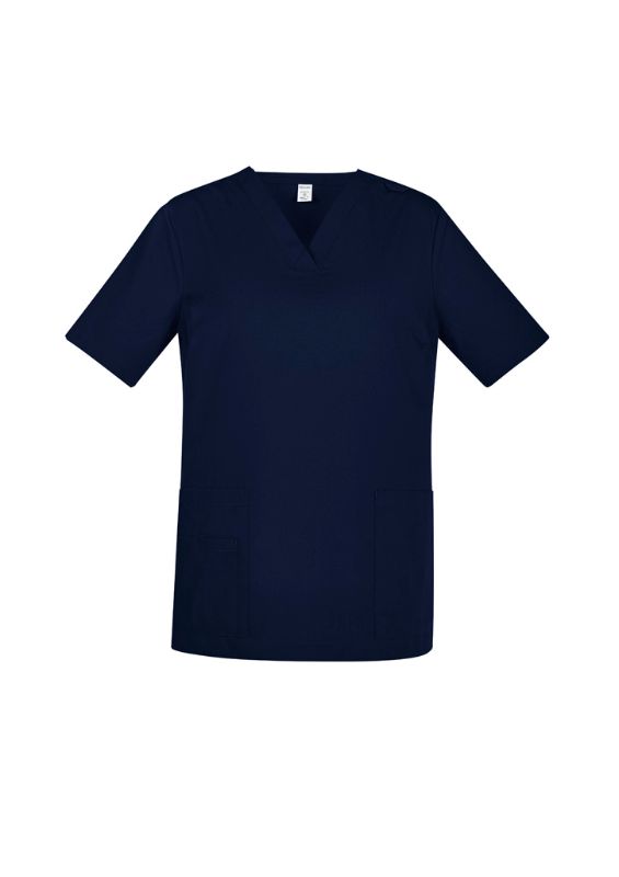 Navy women's V-neck scrub top in size XXS, featuring antimicrobial treatment, multiple pockets, and tailored fit for healthcare professionals.