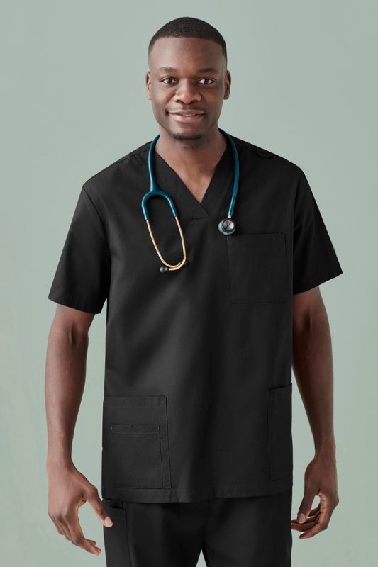 Black Men's Tokyo V-Neck Scrub Top (XS) by Biz Collection, featuring antimicrobial technology and practical pockets for healthcare professionals.