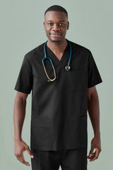 Men's black Tokyo V-neck scrub top (XL) featuring antimicrobial treatment, multiple pockets, and tailored fit for healthcare professionals.