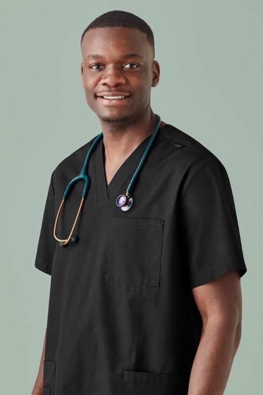 Men's Tokyo V-Neck Scrub Top in Black (XS) featuring antimicrobial fabric, pockets, and a stylish tailored fit.