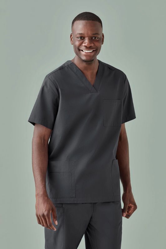 Men's Charcoal V-neck scrub top with antimicrobial technology, tailored fit, pockets, and ID badge loop for healthcare professionals.