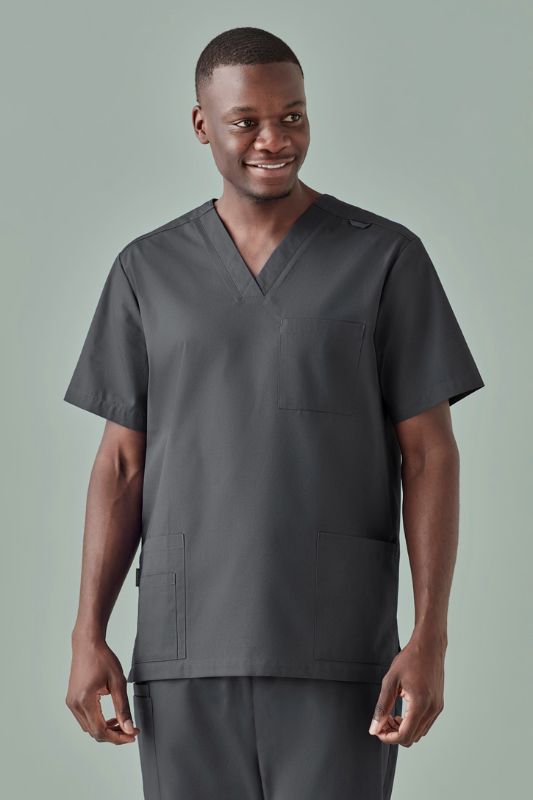 Men's Tokyo V-Neck Scrub Top in Charcoal, XS, featuring antimicrobial fabric, multiple pockets, and a tailored fit for healthcare professionals.