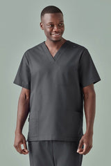 Men's Tokyo V-Neck Scrub Top in Charcoal, XS, featuring antimicrobial fabric, multiple pockets, and a tailored fit for healthcare professionals.