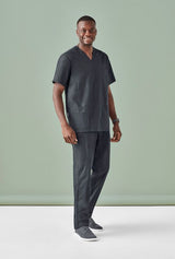 Men's charcoal V-neck scrub top with antimicrobial treatment, pockets, and tailored fit for healthcare professionals.