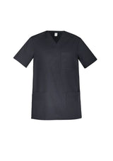 Men's charcoal V-neck scrub top with antimicrobial technology, multiple pockets, and tailored fit for healthcare professionals.