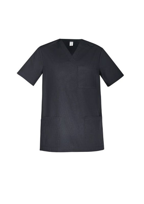 Men's charcoal V-neck scrub top with antimicrobial technology, multiple pockets, and tailored fit for healthcare professionals.