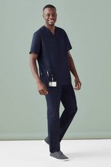 Men's Tokyo V-Neck Scrub Top in Midnight Navy, featuring antimicrobial treatment and functional pockets for comfort and style.