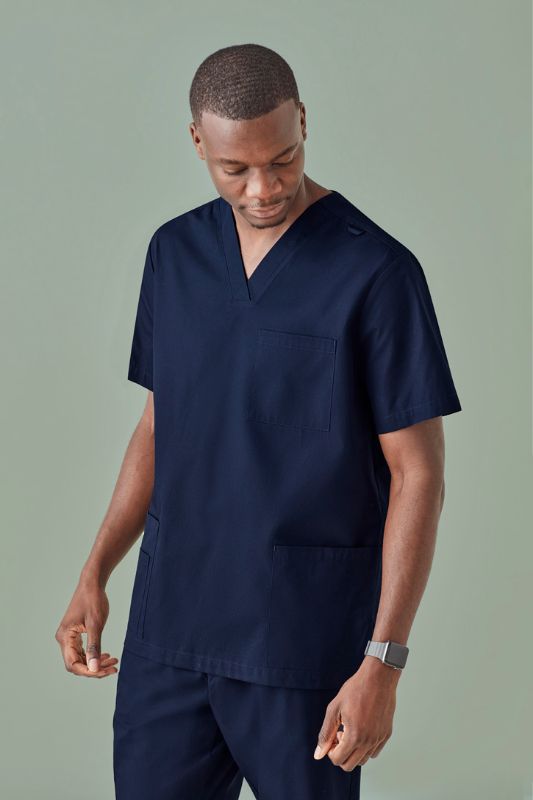 Men's Tokyo V-Neck Scrub Top in Midnight Navy, featuring antimicrobial fabric, V-neck design, and multiple pockets for healthcare professionals.