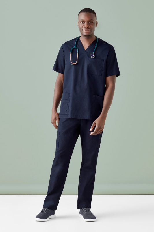 Men's Tokyo V-Neck Scrub Top in Midnight Navy, featuring a stylish design, antimicrobial technology, and multiple practical pockets.