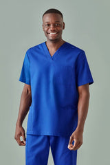 Men's Royal V-neck scrub top in XS, featuring antimicrobial fabric, multiple pockets, and a tailored fit for healthcare professionals.