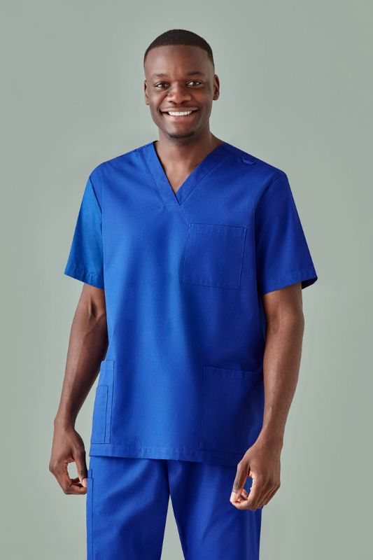 Men's royal blue V-neck scrub top with antimicrobial treatment, tailored fit, multiple pockets, and ID badge loop.