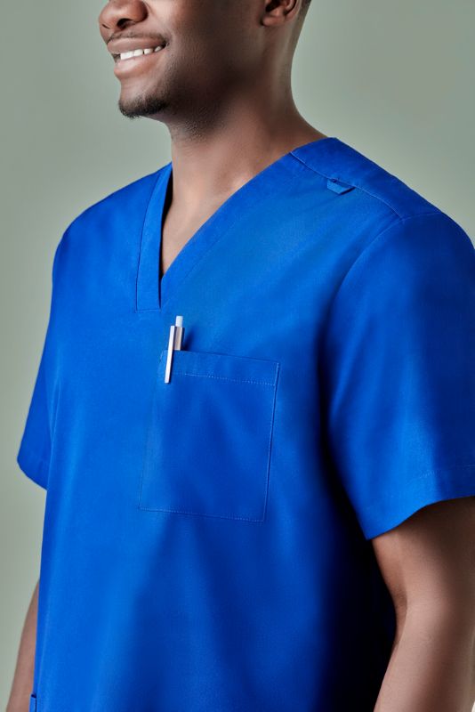 Men's Royal V-Neck Scrub Top in XS, featuring antimicrobial fabric, multiple pockets, and a tailored fit for healthcare professionals.