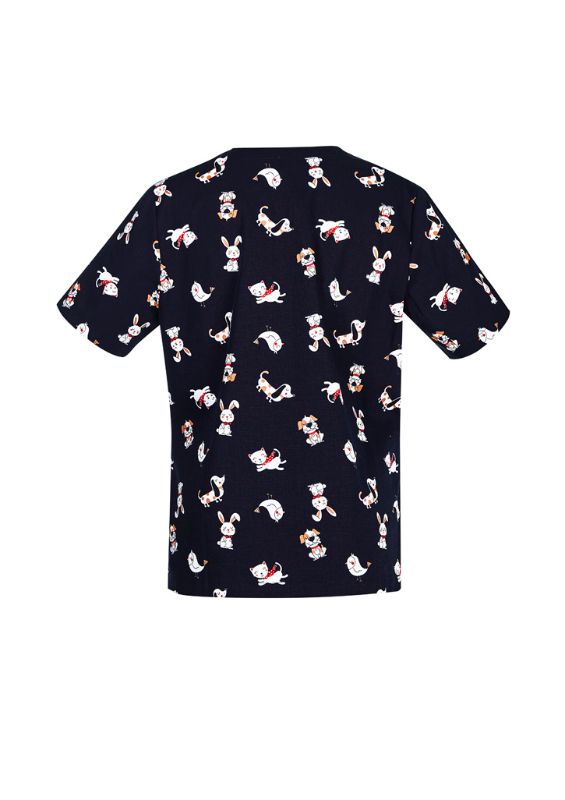 Women's Midnight Navy Scrub Top from Biz Collection, featuring fun print, 100% cotton, designed for comfort and style.