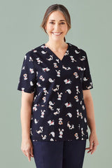 Midnight navy women's scrub top in XXS with subtle print, perfect for professionals like vets and educators.