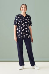 Women's Midnight Navy scrub top in XXS featuring fun print, made from 100% cotton for comfort and style in professional settings.