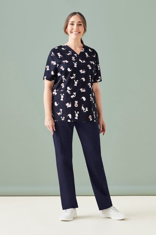 Stylish midnight navy scrub top for women, featuring a subtle print, 100% cotton, perfect for healthcare professionals.