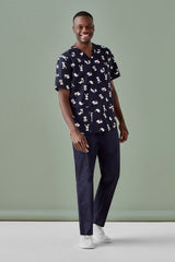 Men's Best Friends Scrub Top in Midnight Navy with playful print, made of 100% cotton for comfort in healthcare settings.