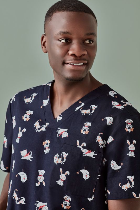 Men's Best Friends Scrub Top in Midnight Navy, featuring a playful print, ideal for healthcare professionals in XS size.