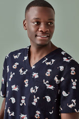 Men's Best Friends Scrub Top in Midnight Navy, featuring a playful print, ideal for healthcare professionals in XS size.