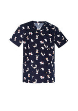 Men's Midnight Navy scrub top with playful print for healthcare professionals, offering comfort and style in XS size.