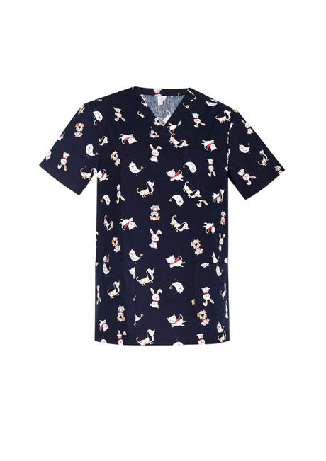 Men's Best Friends Scrub Top in Midnight Navy, large size, featuring soft 100% cotton and a playful print for healthcare professionals.