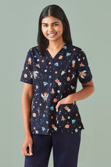 Midnight navy women's scrub top with playful space print, perfect for healthcare professionals seeking style and comfort.