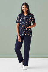 Stylish women's scrub top in midnight navy with a subtle space print, perfect for healthcare professionals.