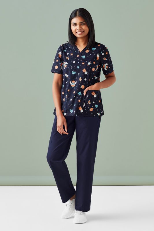 Women's Space Party Scrub Top in Midnight Navy, 5XL, featuring a whimsical print for a stylish and professional look.