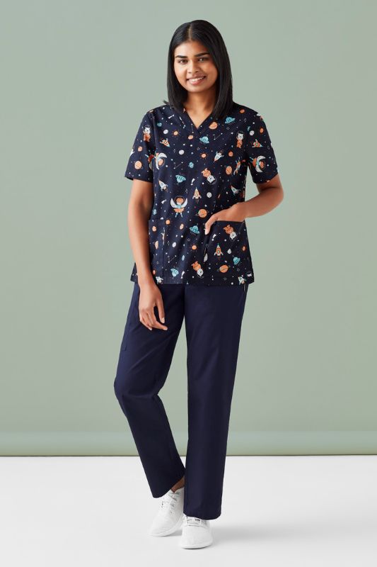 Womens Space Party Scrub Top - Midnight Navy (XS)