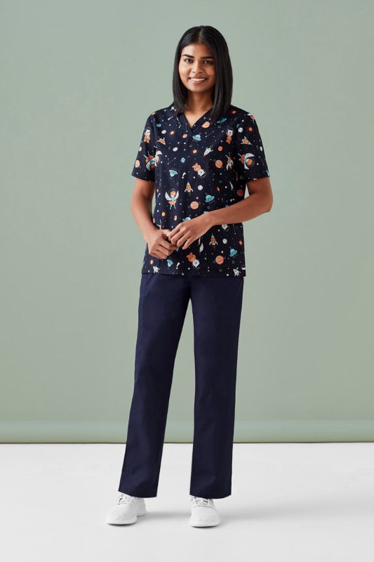 Women's Midnight Navy Scrub Top with subtle space print, designed for comfort and style in healthcare professions.