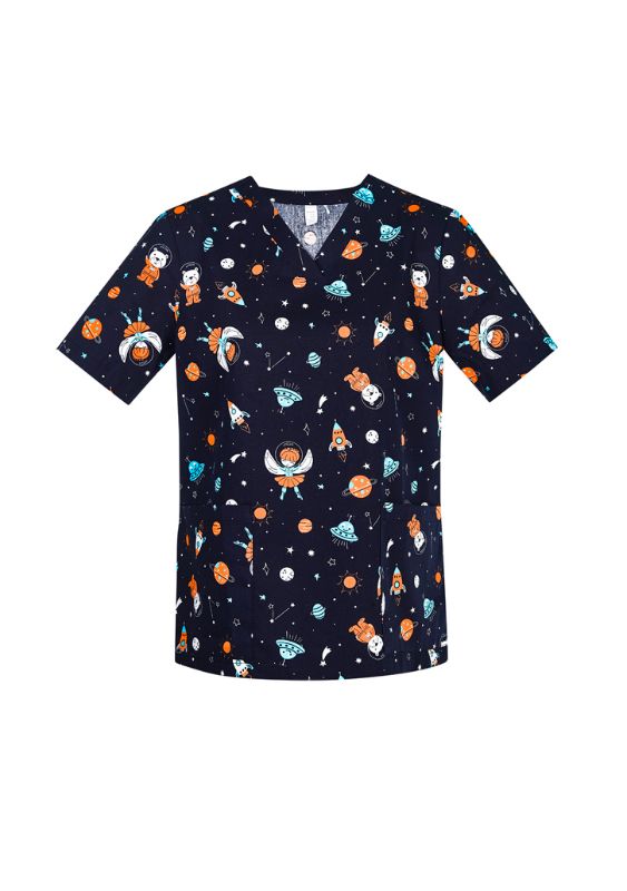 Women's Midnight Navy Space Party Scrub Top featuring a fun print, perfect for veterinarians and educators, crafted from 100% cotton.