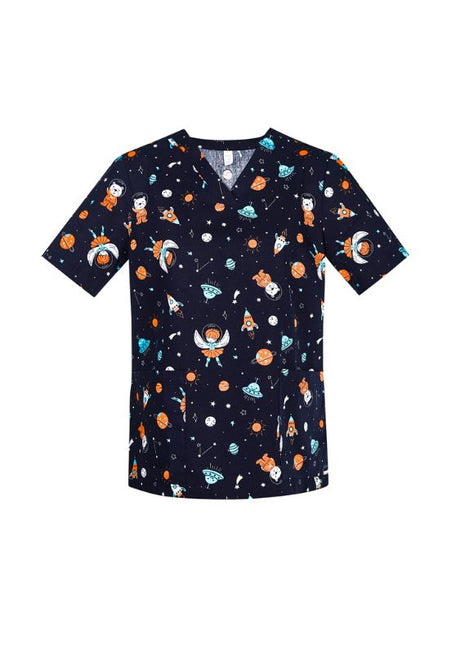 Women's Space Party Scrub Top in Midnight Navy, featuring a whimsical print and 100% cotton for comfort in healthcare settings.