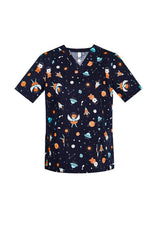 Women's Midnight Navy Space Party Scrub Top featuring a subtle space print, ideal for healthcare professionals. Size Small.