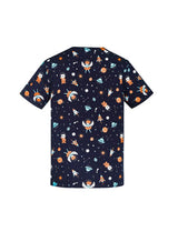 Men's Midnight Navy Space Party Scrub Top featuring a subtle print, designed for comfort and style in healthcare settings.