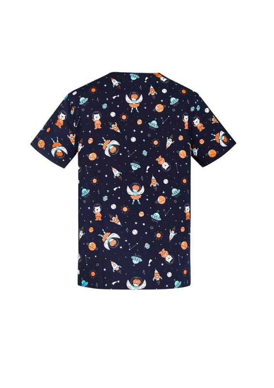 Men's Space Party Scrub Top in Midnight Navy, featuring a fun subtle print, perfect for healthcare professionals.