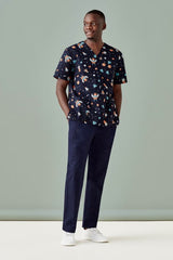 Men's Space Party Scrub Top in Midnight Navy, featuring a unique print, ideal for healthcare professionals seeking style and comfort.