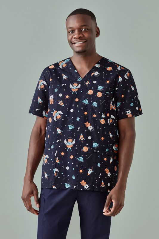 Men's Midnight Navy Space Party Scrub Top by Biz Collection, featuring a subtle print for healthcare professionals, made of 100% cotton.