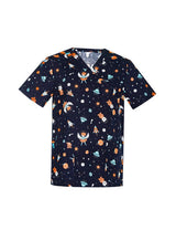 Men's Midnight Navy Space Party Scrub Top from Biz Collection, featuring a fun print and soft cotton for stylish comfort.