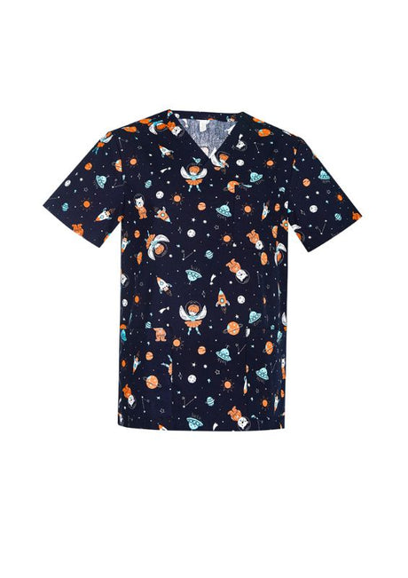 Men's Midnight Navy Space Party Scrub Top from Biz Collection, featuring a fun print and soft cotton for stylish comfort.