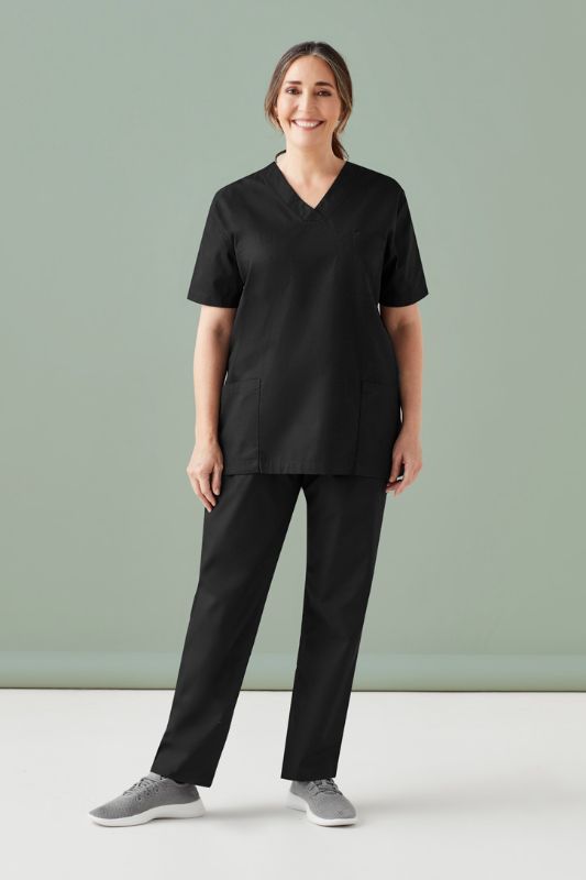 Unisex Hartwell reversible scrub top in black (XXS) featuring durable fabric, chest pocket, and practical design for healthcare professionals.